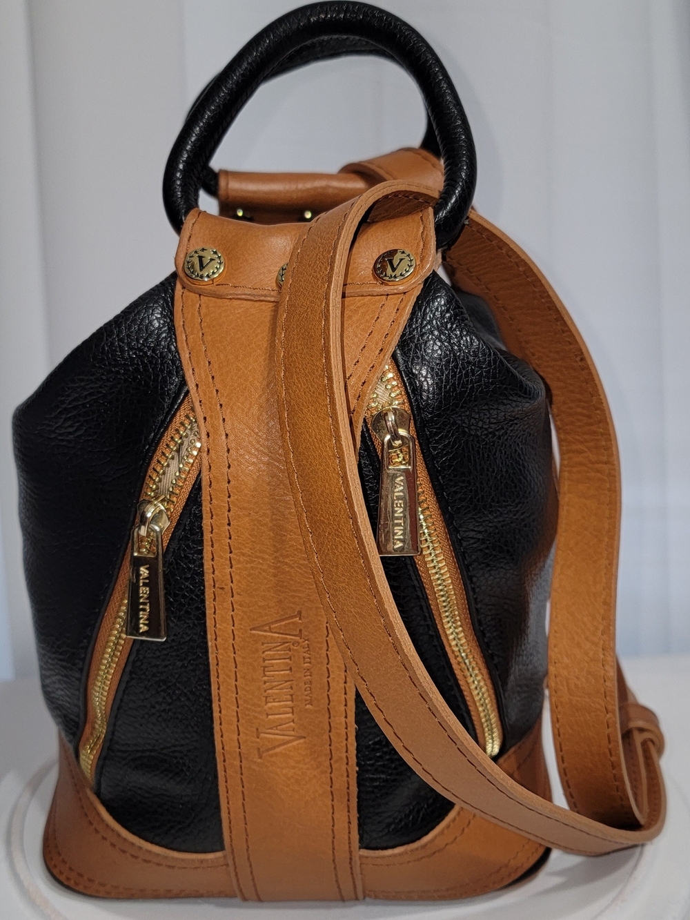 Valentina Black and Tan Two-Tone Leather Crossbody Bucket Bag